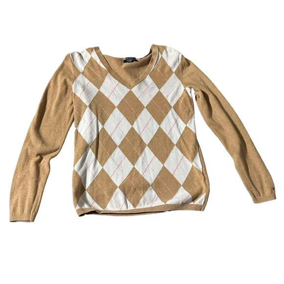 Tommy Hilfiger argyle tan and white sweater. Pink accent. V neck - Picture 1 of 4